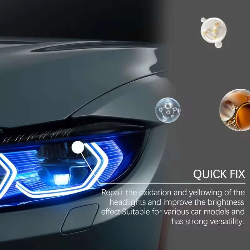 A close-up of a car headlight with an LED restoration kit being applied to repair oxidation and improve brightness.