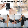 Instructions showing how to use a belt clip for a heavy-duty tool pouch, including opening and locking mechanisms.