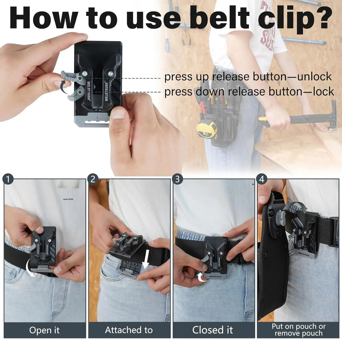 Instructions showing how to use a belt clip for a heavy-duty tool pouch, including opening and locking mechanisms.