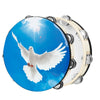A wooden hand tambourine with steel jingles, featuring a white dove in flight against a blue sky background.