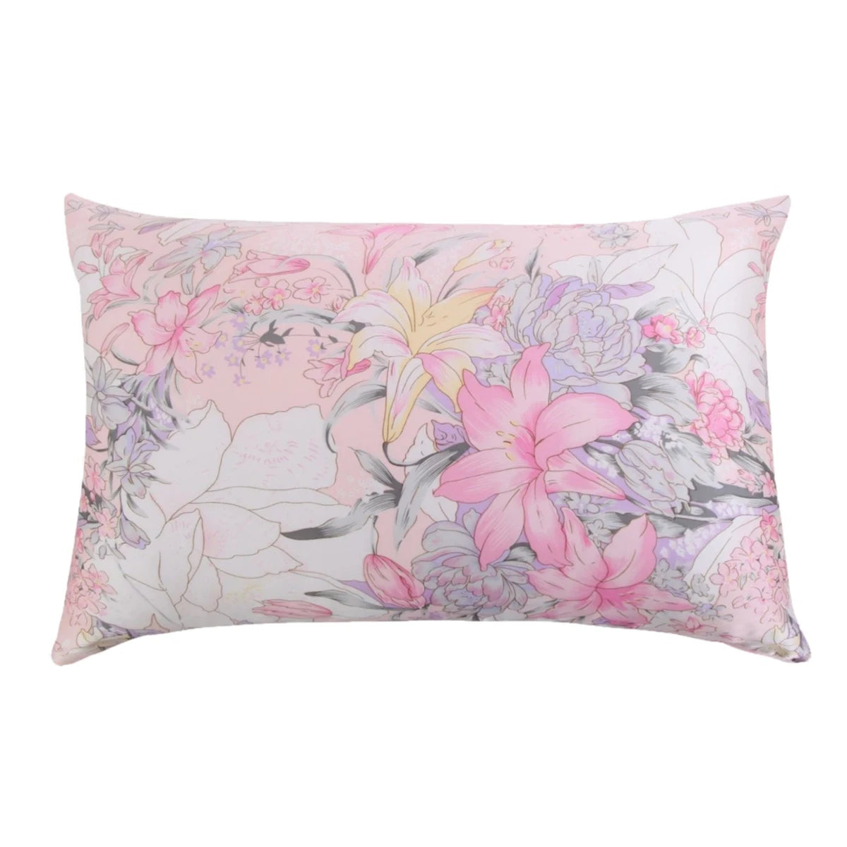 Quadernes Seidenkissenbezug mit floralem Druck in sanftem Pink und Lila.