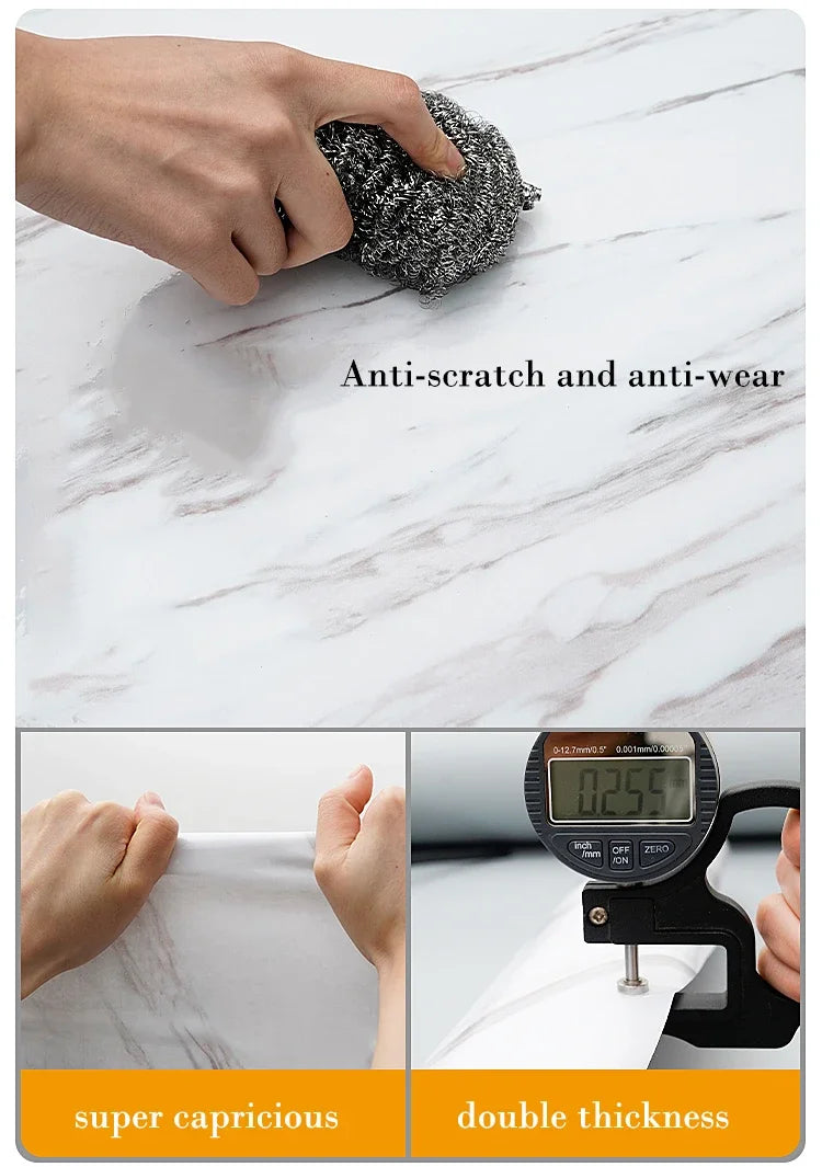 A hand is shown interacting with a textured, anti-scratch and anti-wear product placed on a marble surface.