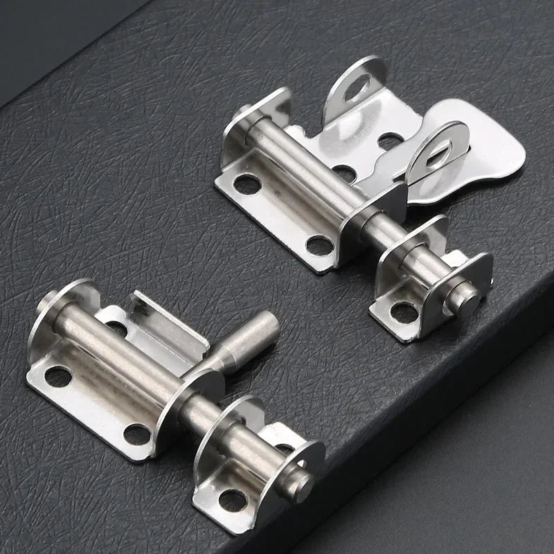 A pair of heavy duty stainless steel door bolt latches for anti-theft security.