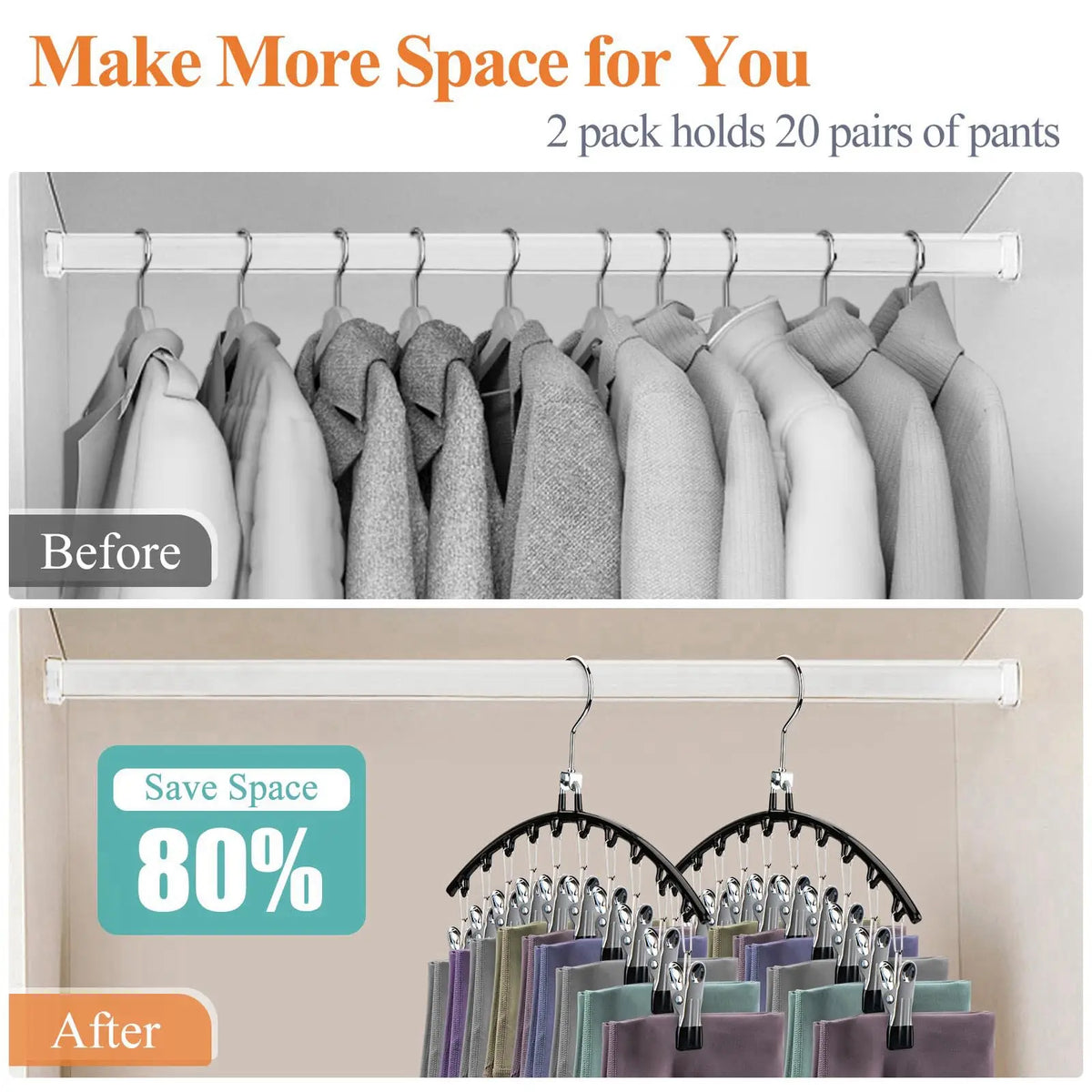 Before and after images showing a stainless steel space-saving hanger holding pairs of pants.