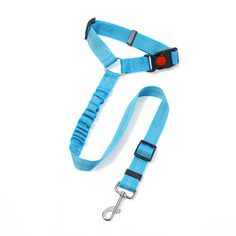 Blue adjustable reflective dog car safety harness with a 2-in-1 headrest strap