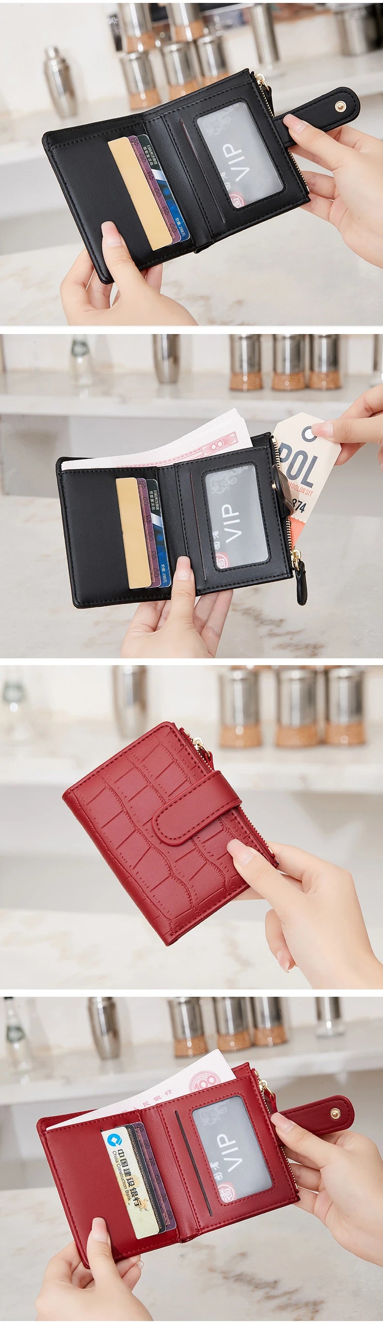 A close-up of a black zippered wallet with card slots and a VIP section, shown being held by hands.