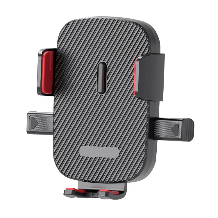 A black universal gravity car phone holder with a hook clip and mounting bracket.