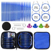 A set of interchangeable circular knitting needles in various sizes and colors, including a storage case.