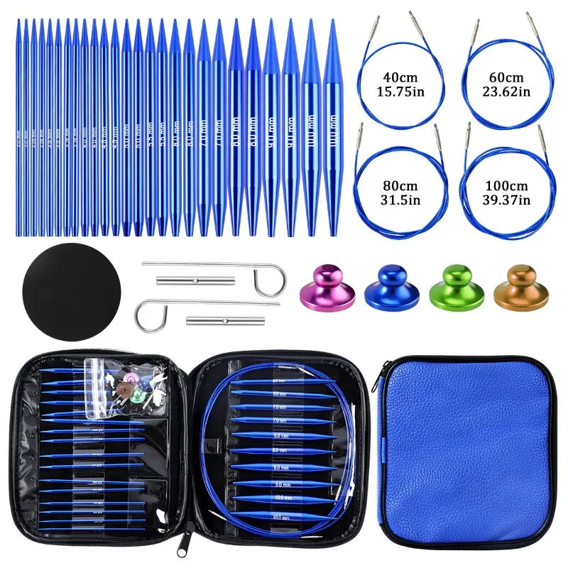 A set of interchangeable circular knitting needles in various sizes and colors, including a storage case.