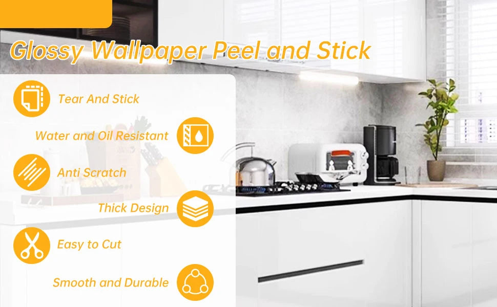 Glossy wallpaper peel and stick product features including tear and stick, water and oil resistance, anti-scratch, thick desi