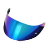 A replacement helmet visor with a gradient blue and purple anti-fog coating shown from the side.