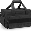 A black heavy duty tool bag with padded compartments and carrying handles.