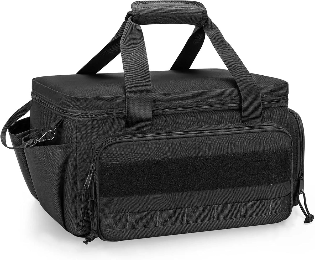 A black heavy duty tool bag with padded compartments and carrying handles.