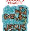 A teal acrylic hair bow decoration featuring a leopard print design with the text Just a girl who loves Jesus