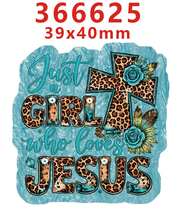 A teal acrylic hair bow decoration featuring a leopard print design with the text Just a girl who loves Jesus
