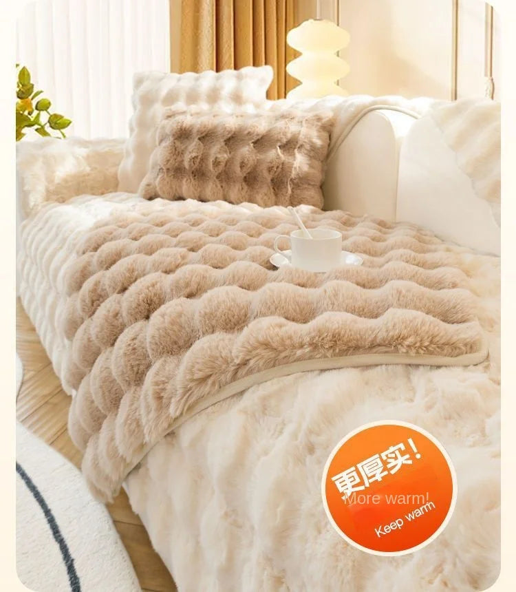 Plush Rabbit-Feel Sofa Cover with Anti-Slip Backing