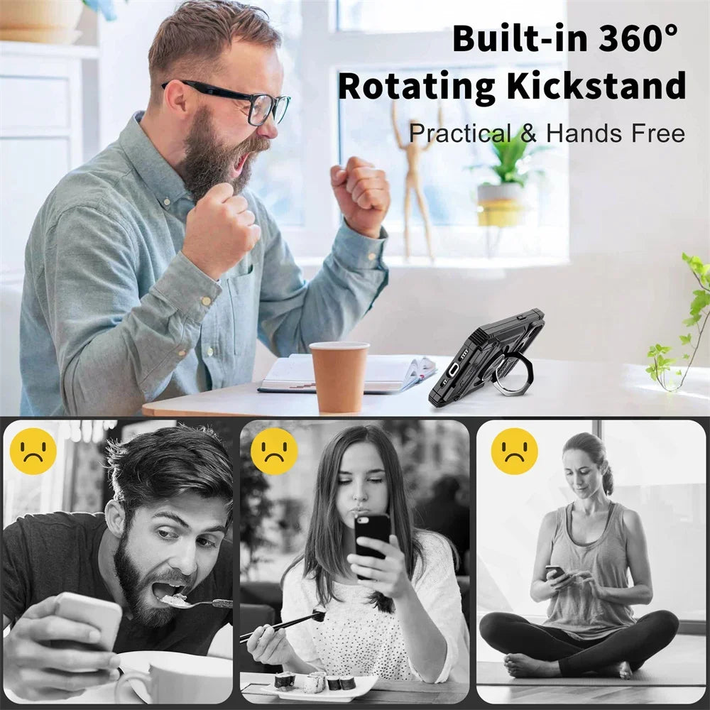 A man demonstrates a built-in 360° rotating kickstand phone case for hands-free use.