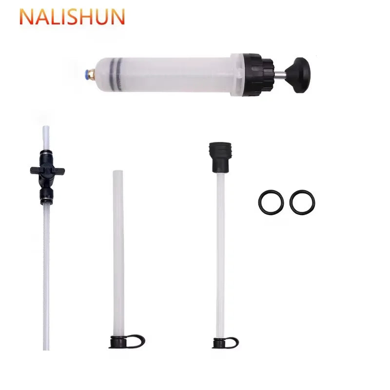 Manual fluid extractor and injection pump with a long clear hose and associated components