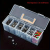 A clear storage box with one large compartment and six small compartments holding various hardware items like screws and nuts