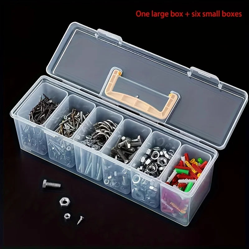 A clear storage box with one large compartment and six small compartments holding various hardware items like screws and nuts