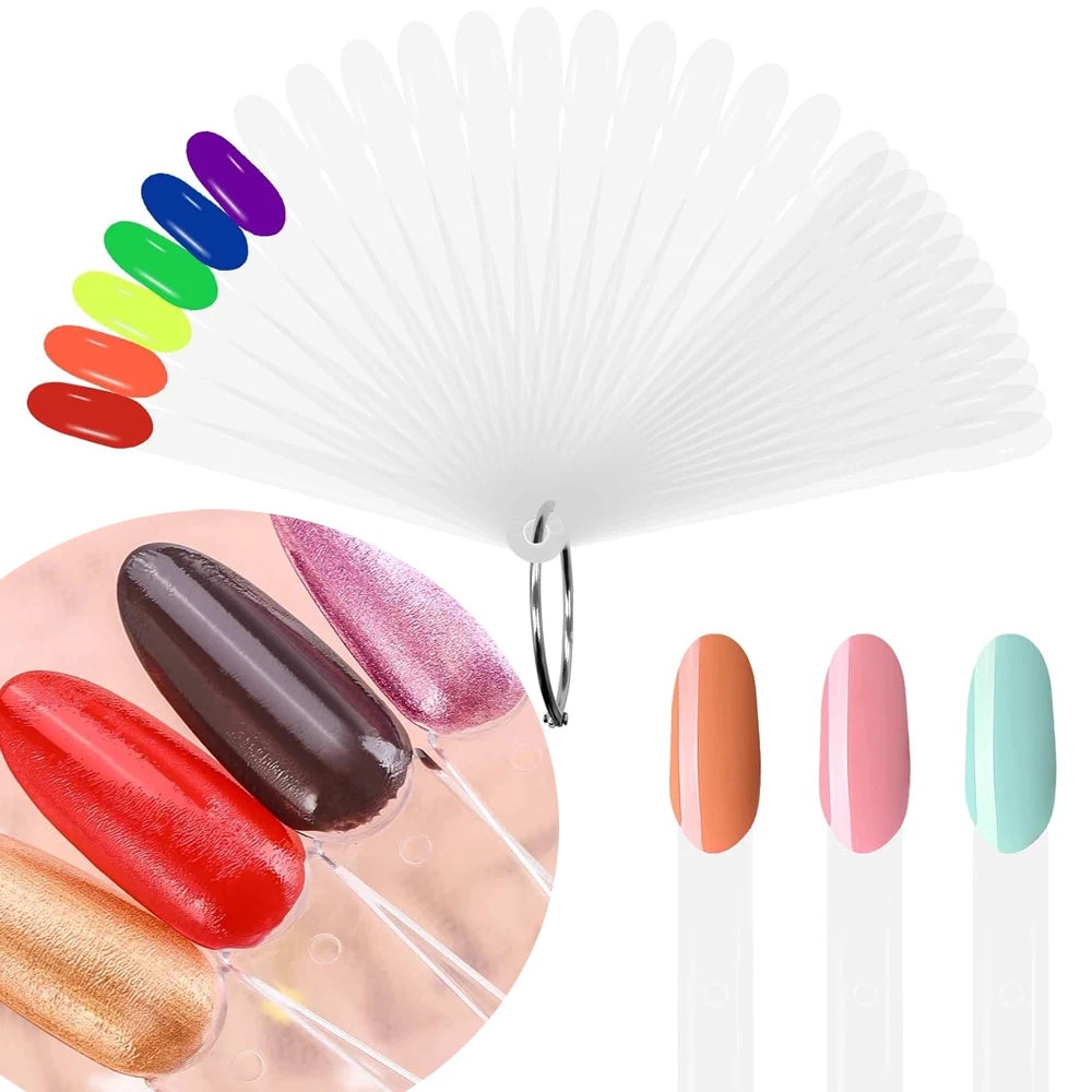 Clear acrylic false nail tips kit with various colored tips and a fan display