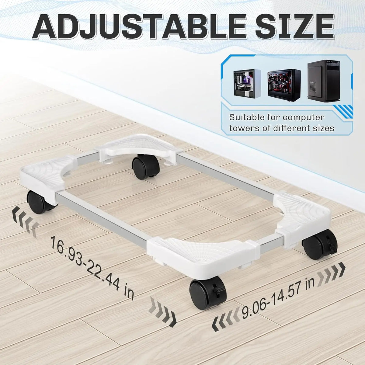 An adjustable mobile PC tower stand with wheels shown on a wooden surface.