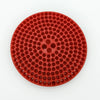 A round, red mesh insert for a car wash bucket grit guard.