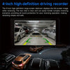 A 4-inch high-definition driving recorder displays a rear view of a car reversing, with other vehicles visible in the backgro