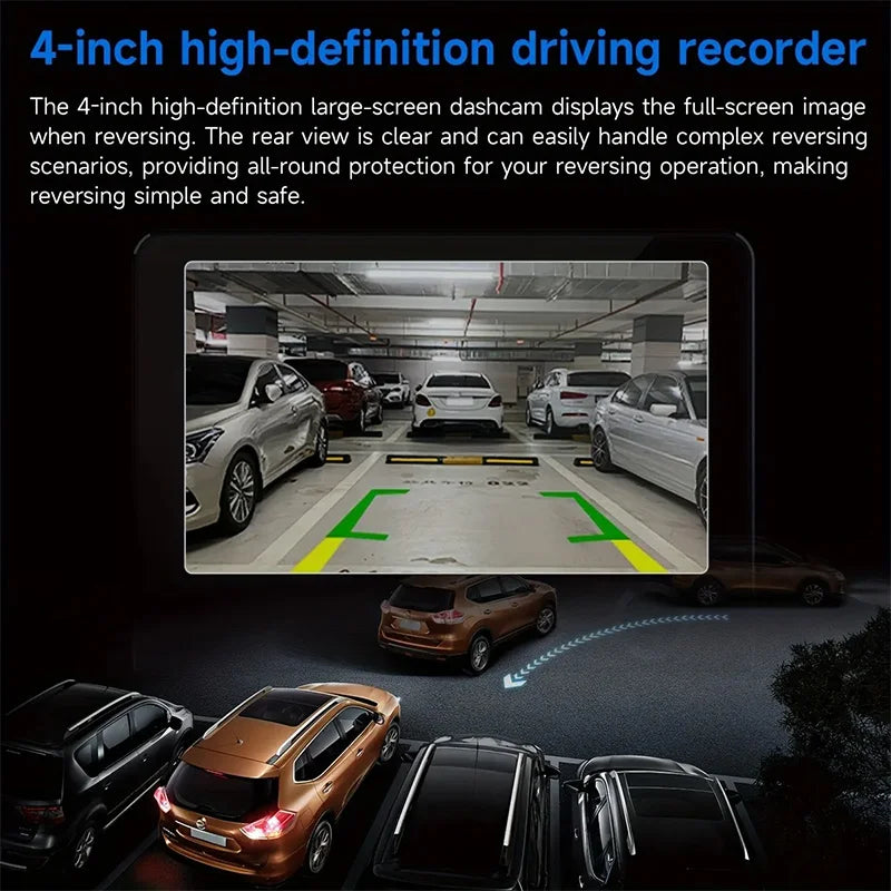 A 4-inch high-definition driving recorder displays a rear view of a car reversing, with other vehicles visible in the backgro