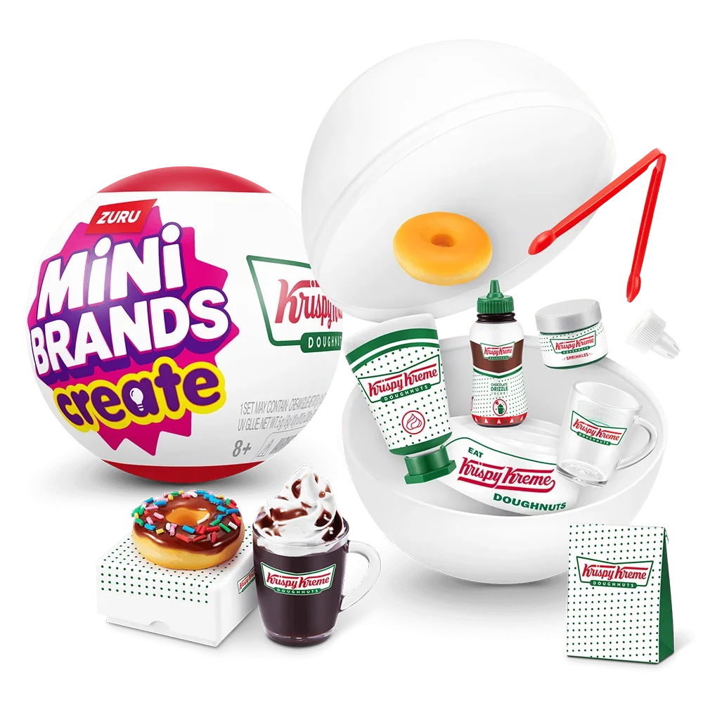 A set of Krusky Creme mini brands and a white bowl with a yellow donut and red tool.