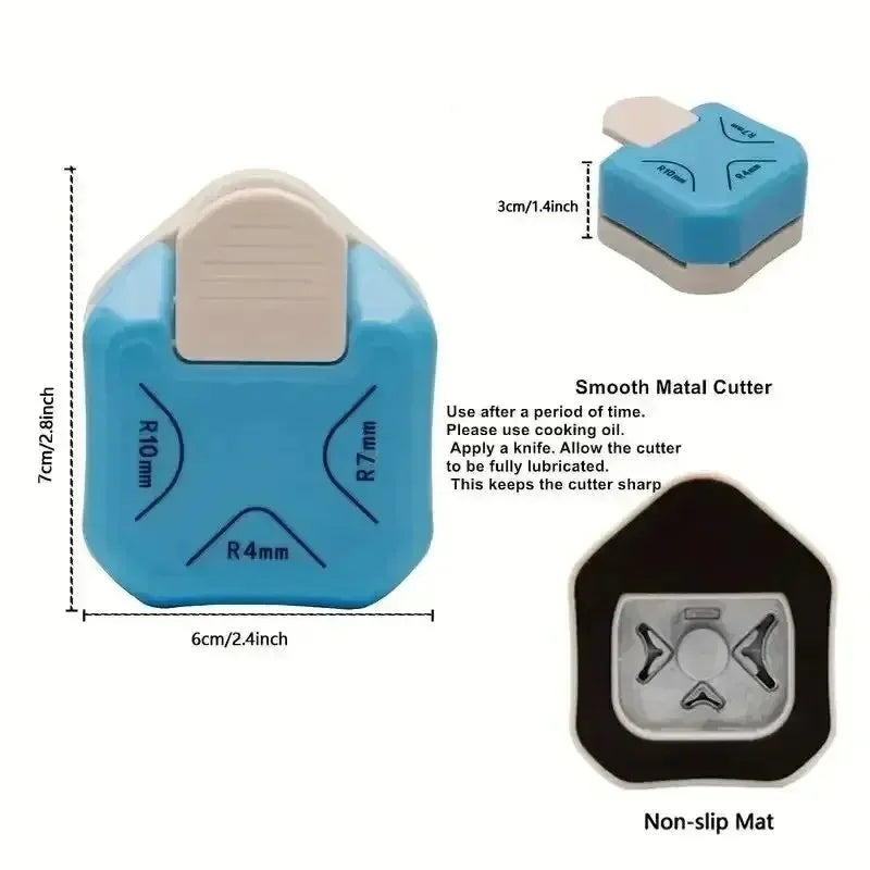 A blue and white 3-in-1 corner cutter tool with a smooth metal cutter and non-slip mat.