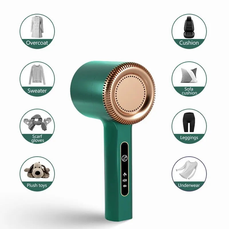A green rechargeable electric lint remover with various lint removal tools shown around it.