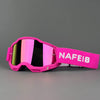 Pink professional MX off-road goggles with a vibrant iridescent lens and pink strap
