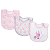 A set of three pink and white patterned soft cotton baby bibs with cartoon prints
