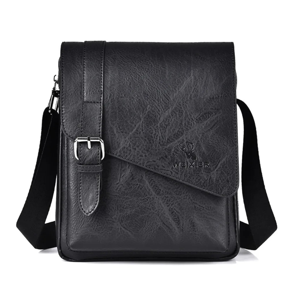 Black vintage PU leather messenger bag for men with an adjustable strap.