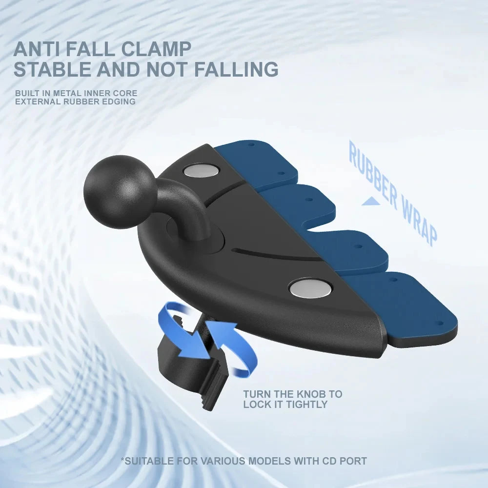 Anti-fall clamp mount with rubber edge for securing devices in a car CD slot