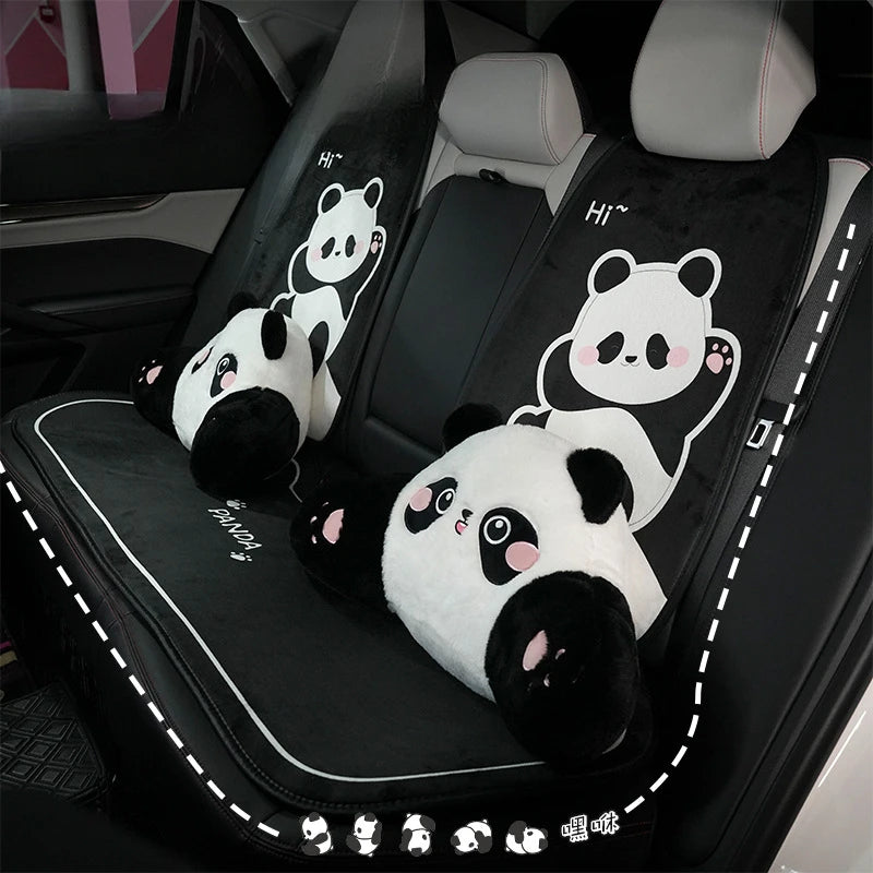 Black car seat headrest featuring panda plush toys for car travel