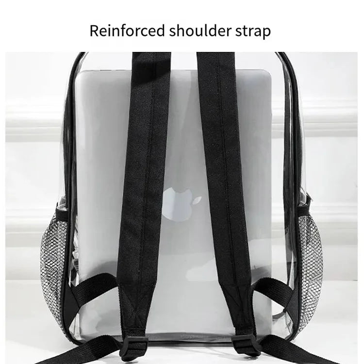 A transparent PVC backpack featuring reinforced shoulder straps for carrying items.