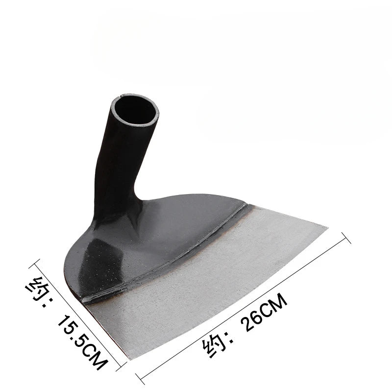A black manganese steel garden hoe with a wide blade and a narrow handle, shown from the side.