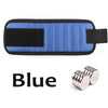 Blue magnetic wrist strap with a black section and silver magnetic tips for holding tools