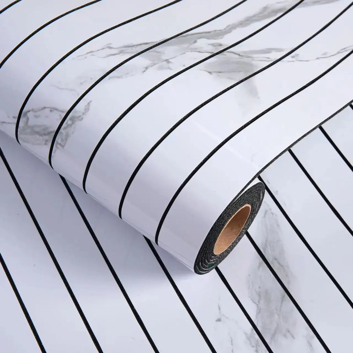Roll of 3D grille pattern peel-and-stick wallpaper with black lines on a white background