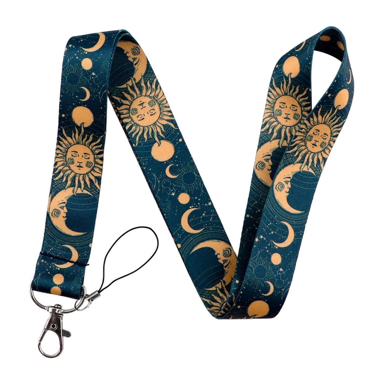 A dark teal lanyard featuring a repeating pattern of celestial suns and moons on an orange background.
