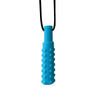 A bright blue silicone sensory chew necklace pendant with a black cord.