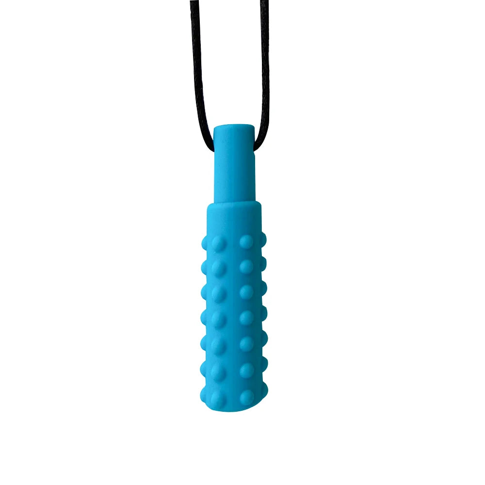 A bright blue silicone sensory chew necklace pendant with a black cord.