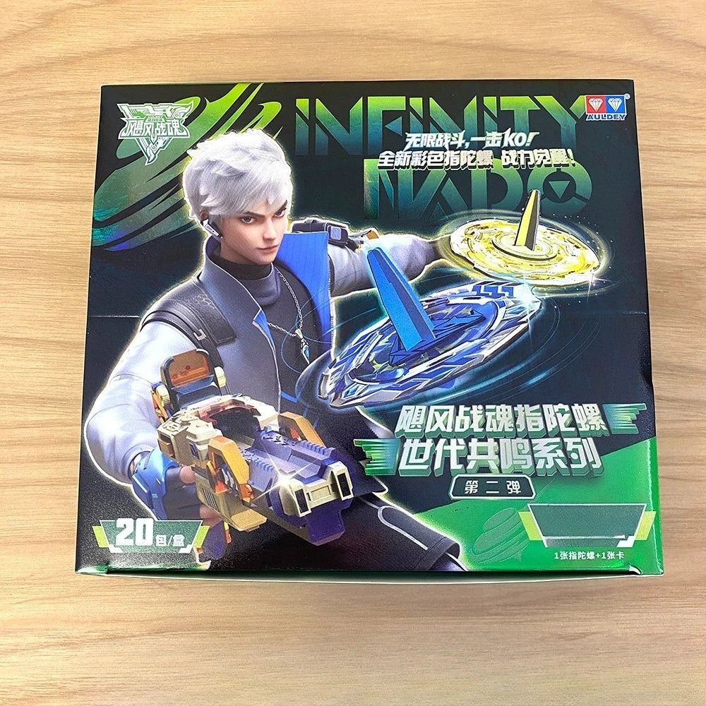 A box for the AULDEY Infinity Nado Spin Force Battle Top with Launcher featuring a male character and blue and gold elements.