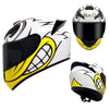 A white and yellow retro full face motorcycle helmet with a black visor shown from the side and top view.