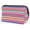 A colorful striped waterproof neoprene cosmetic bag with a black zipper.