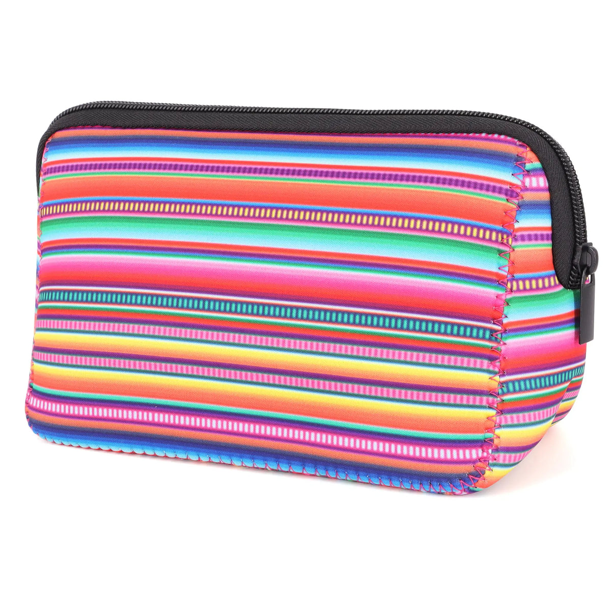 A colorful striped waterproof neoprene cosmetic bag with a black zipper.