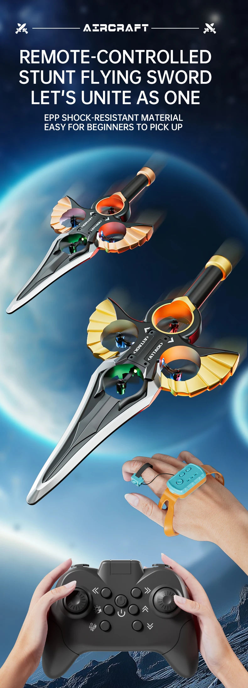 A remote-controlled stunt flying sword is shown with its components and a controller being held by a hand.