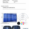 A set of blue interchangeable circular knitting needles and related tools shown with dimensions.